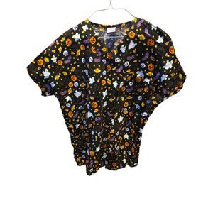 Simply Comfortable Halloween Scrub Top S Womens Black V Neck Medical Office